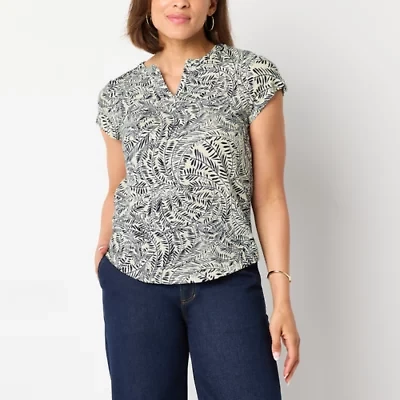 Liz Claiborne Womens Split Crew Neck Short Sleeve Blouse
