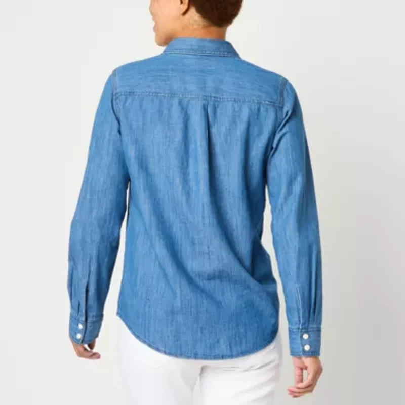 St. John's Bay Womens Easy-on + Easy-off Hidden Access Opening Cuffed Long Sleeve Regular Fit Button-Down Shirt