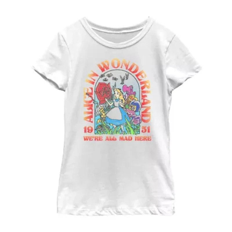 Disney Little & Big Kid Girls Crew Neck Short Sleeve Slim Fit Alice Wonderland Graphic T-Shirt