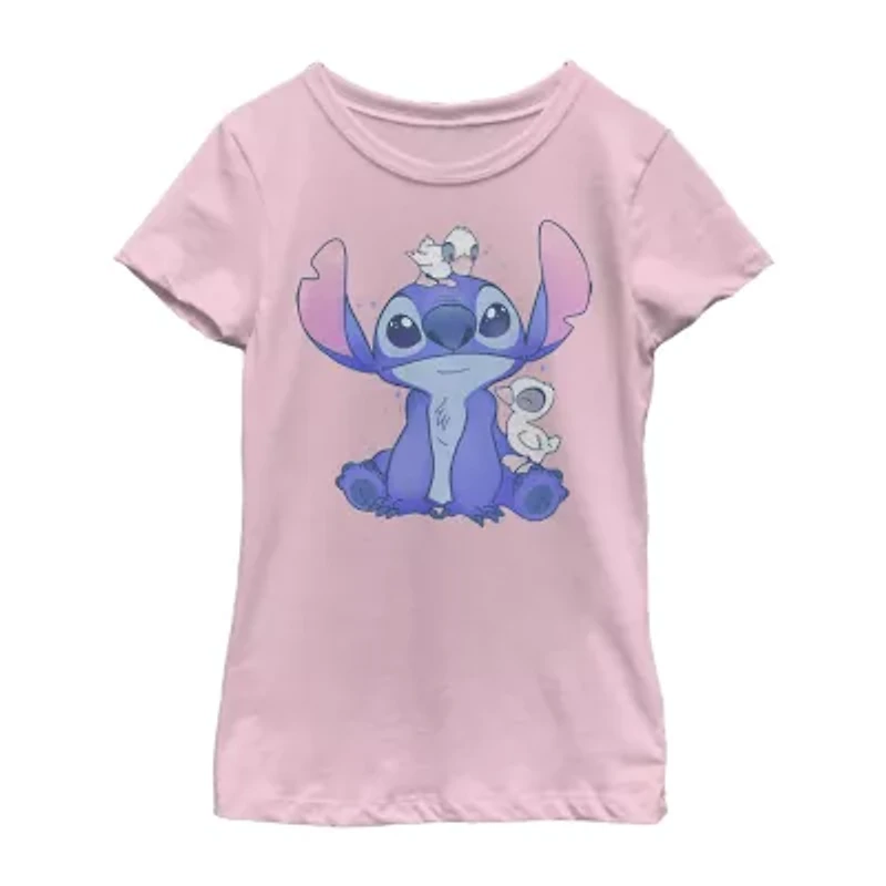 Disney Little & Big Kid Girls Crew Neck Short Sleeve Slim Fit Lilo Stitch Graphic T-Shirt