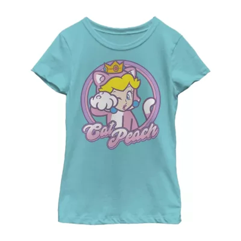 Princess Peach Little & Big Kid Girls Crew Neck Short Sleeve Slim Fit Super Mario Graphic T-Shirt