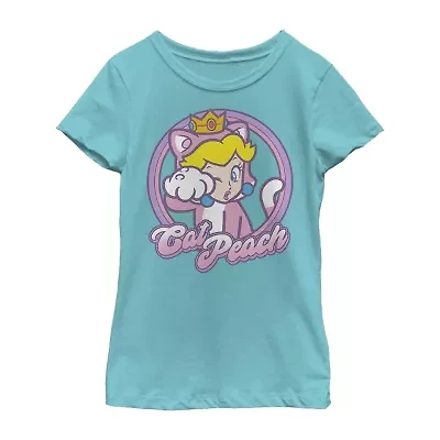 Princess Peach Little & Big Kid Girls Crew Neck Short Sleeve Slim Fit Super Mario Graphic T-Shirt