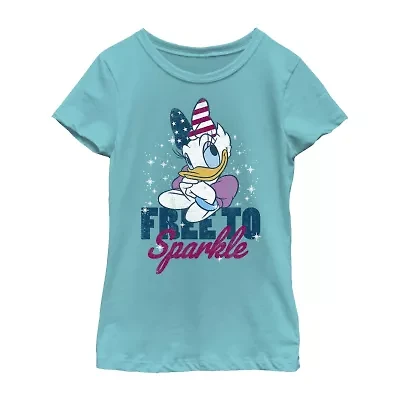 Disney Little & Big Kid Girls Crew Neck Short Sleeve Flag Slim Fit Mickey and Friends Graphic T-Shirt