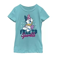Disney Little & Big Kid Girls Crew Neck Short Sleeve Flag Slim Fit Mickey and Friends Graphic T-Shirt