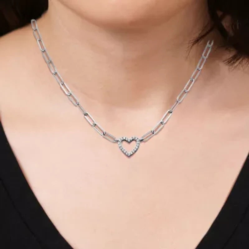 Paris 1901 By Charles Garnier Womens White Cubic Zirconia Sterling Silver Heart Paperclip 18 Inch Pendant Necklace