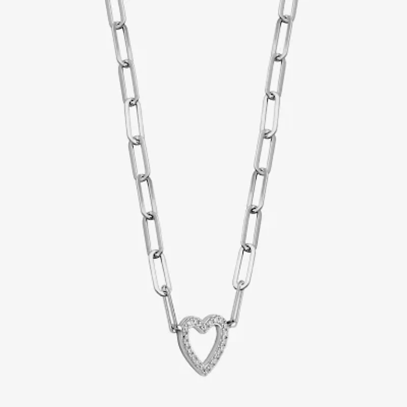 Paris 1901 By Charles Garnier Womens White Cubic Zirconia Sterling Silver Heart Paperclip 18 Inch Pendant Necklace