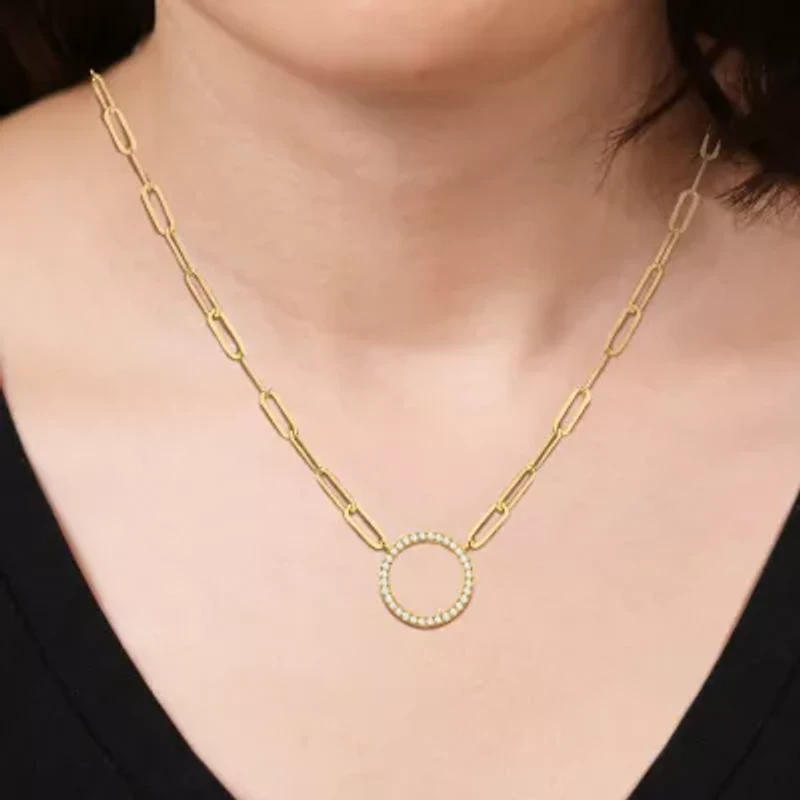 Paris 1901 By Charles Garnier Womens White Cubic Zirconia 18K Gold Over Silver Circle Paperclip 18 Inch Pendant Necklace