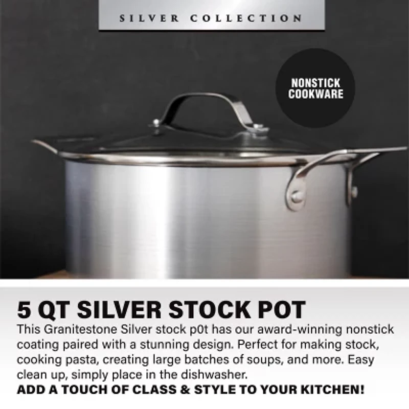 Granitestone Silver 5-Qt. Nonstick With Tempered Glass Lid Non-Stick Stockpot