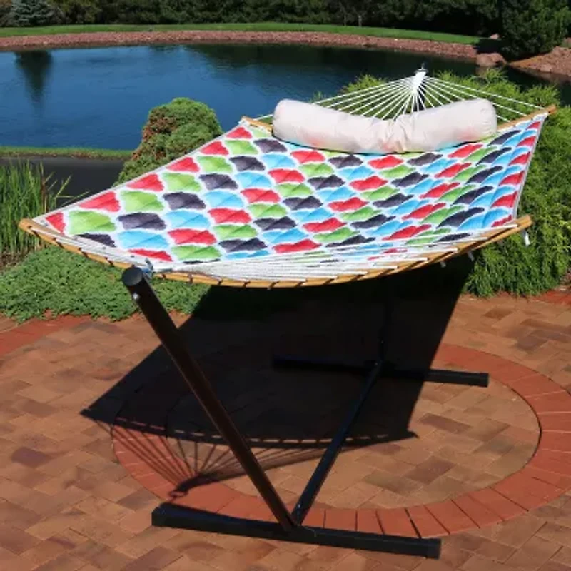 Sunnydaze Quilted Hammock with Curved Bamboo Spreader Bar and Pillow