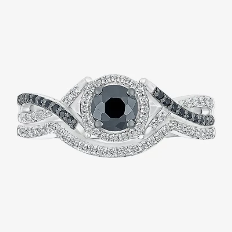 8.50mm Unisex Adult 1 CT. T.W. Natural Black Diamond 10K White Gold Round Halo Side Stone Ring Set