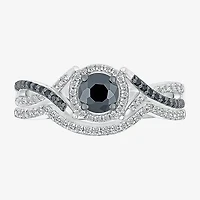 8.50mm Unisex Adult 1 CT. T.W. Natural Black Diamond 10K White Gold Round Halo Side Stone Ring Set