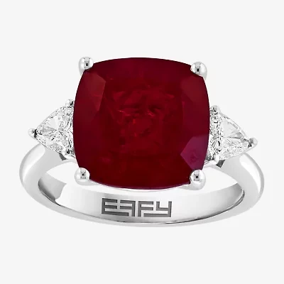 Effy Final Call  Womens Lab Created Red Ruby and 1/5 CT.T.W Lab Grown Diamond 14K White Gold Cushion Cocktail Ring