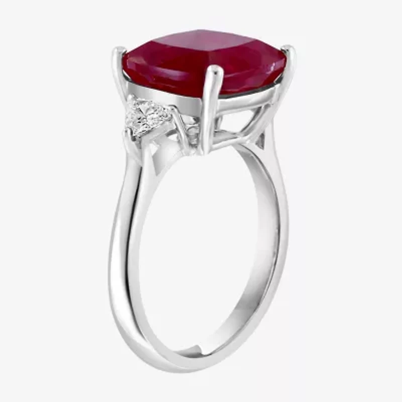 Effy  Womens Lab Created Red Ruby and 1/5 CT.T.W Lab Grown Diamond 14K White Gold Cushion Cocktail Ring