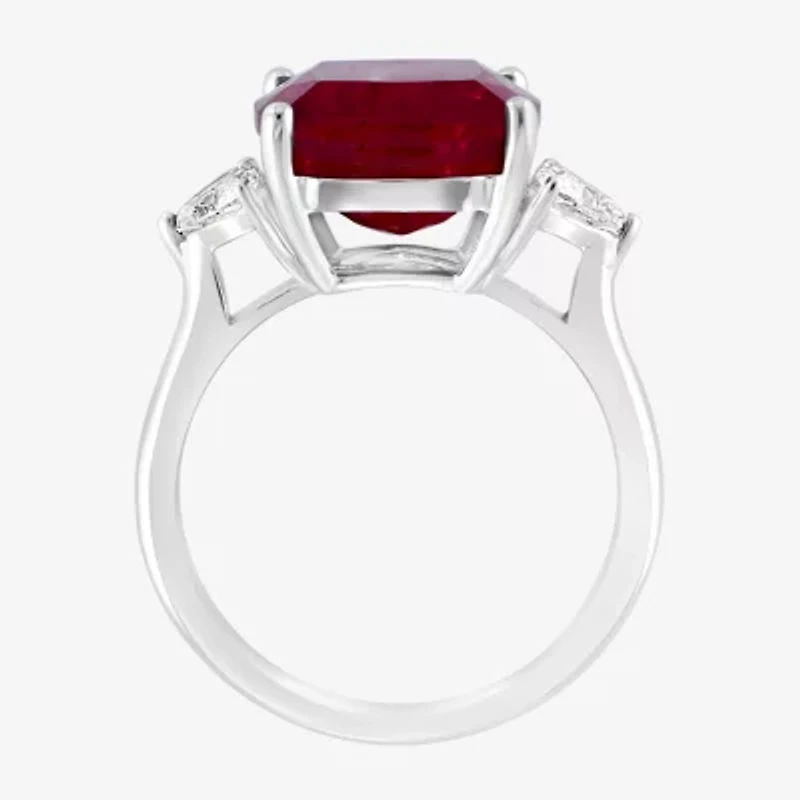 Effy  Womens Lab Created Red Ruby and 1/5 CT.T.W Lab Grown Diamond 14K White Gold Cushion Cocktail Ring
