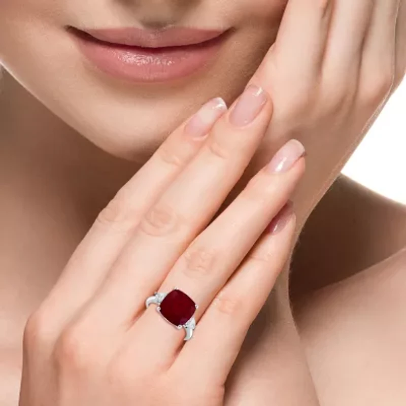 Effy  Womens Lab Created Red Ruby and 1/5 CT.T.W Lab Grown Diamond 14K White Gold Cushion Cocktail Ring