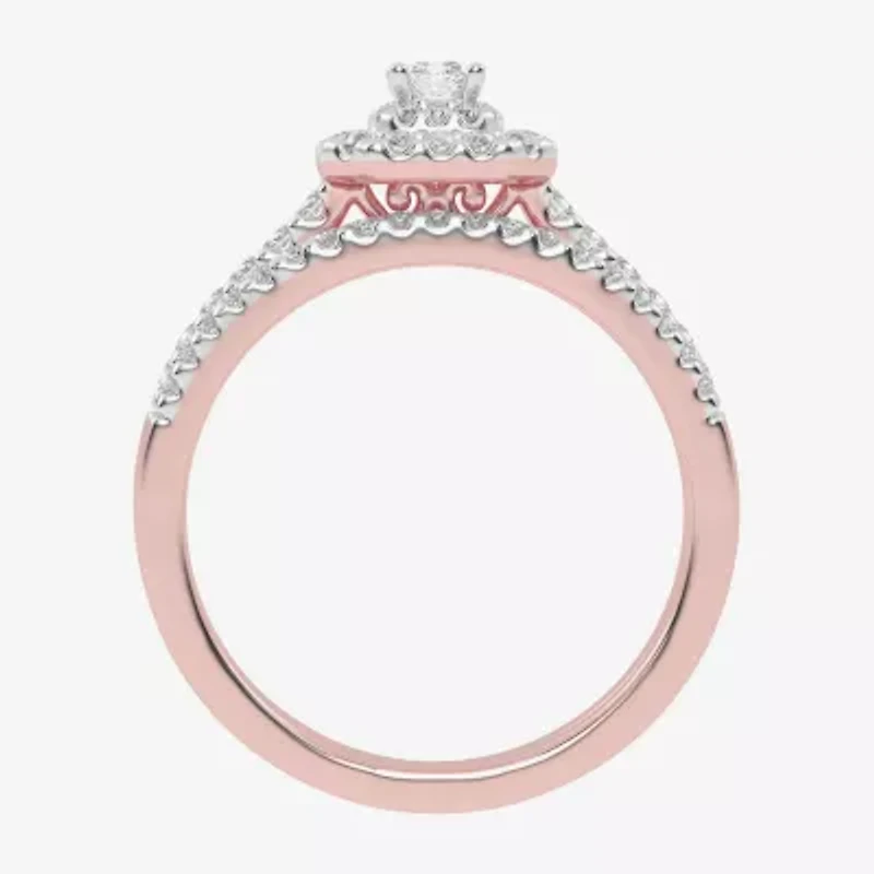 Womens CT. T.W. Natural White Diamond 10K Gold Cushion Side Stone Halo Bridal Set