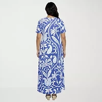 24seven Comfort Apparel Womens Plus Scoop Neck Elbow Sleeve Paisley A-Line Dress