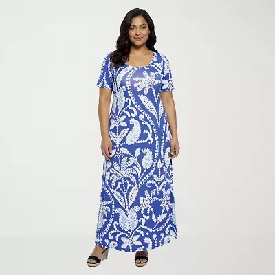 24seven Comfort Apparel Womens Plus Scoop Neck Elbow Sleeve Paisley A-Line Dress