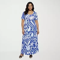 24seven Comfort Apparel Womens Plus Scoop Neck Elbow Sleeve Paisley A-Line Dress