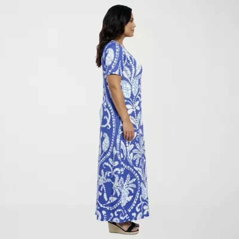 24seven Comfort Apparel Womens Plus Scoop Neck Elbow Sleeve Paisley A-Line Dress