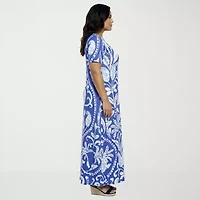 24seven Comfort Apparel Womens Plus Scoop Neck Elbow Sleeve Paisley A-Line Dress