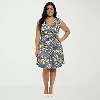 24seven Comfort Apparel Ruched Front Womens Plus Short Sleeve Abstract Wrap Dress