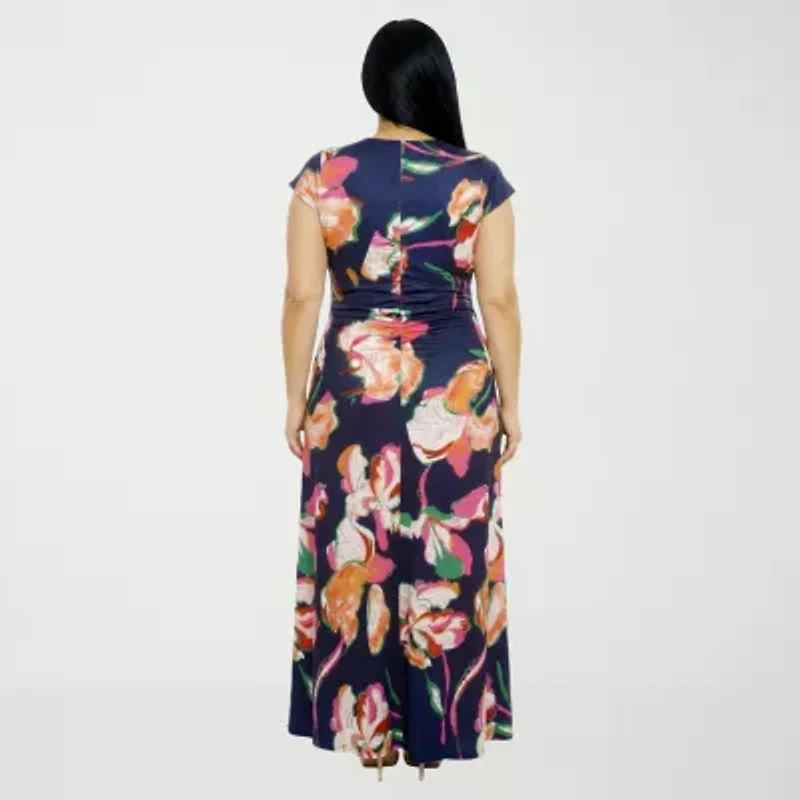 24seven Comfort Apparel Womens Plus Short Sleeve Floral Wrap Dress