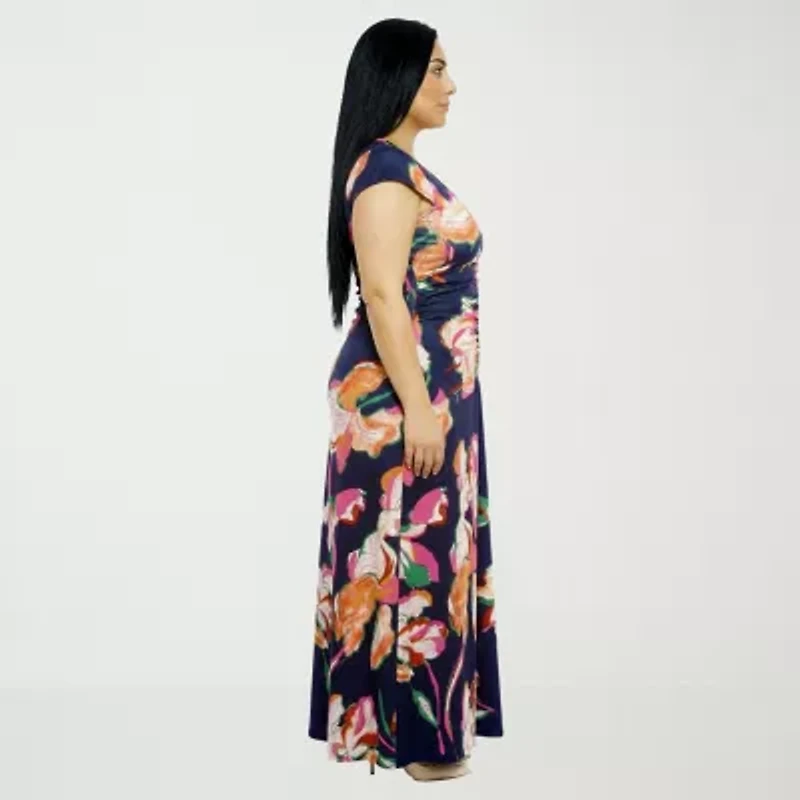 24seven Comfort Apparel Womens Plus Short Sleeve Floral Wrap Dress