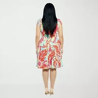 24seven Comfort Apparel Womens Plus V Neck Short Sleeve Abstract A-Line Dress