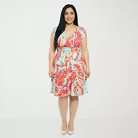 24seven Comfort Apparel Womens Plus V Neck Short Sleeve Abstract A-Line Dress
