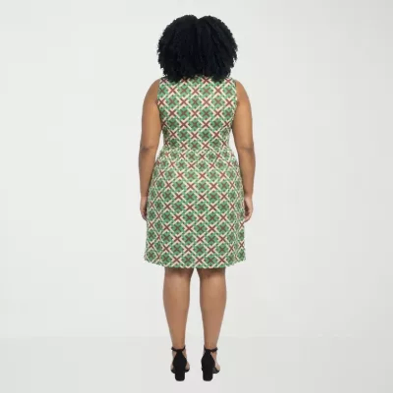 24seven Comfort Apparel Womens Plus Scoop Neck Sleeveless Geometric Fit + Flare Dress