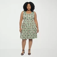 24seven Comfort Apparel Womens Plus Scoop Neck Sleeveless Geometric Fit + Flare Dress
