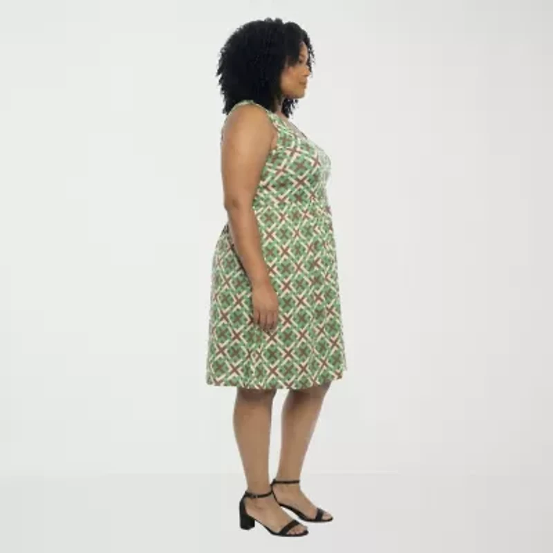 24seven Comfort Apparel Womens Plus Scoop Neck Sleeveless Geometric Fit + Flare Dress