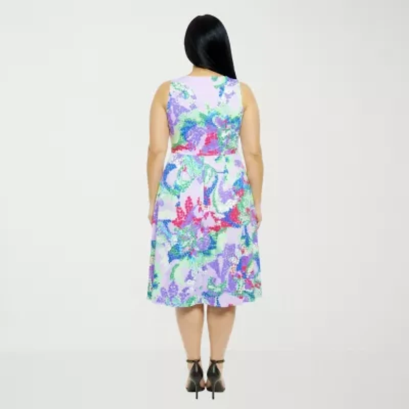 24seven Comfort Apparel Womens Plus Midi V Neck Sleeveless Abstract Fit + Flare Dress