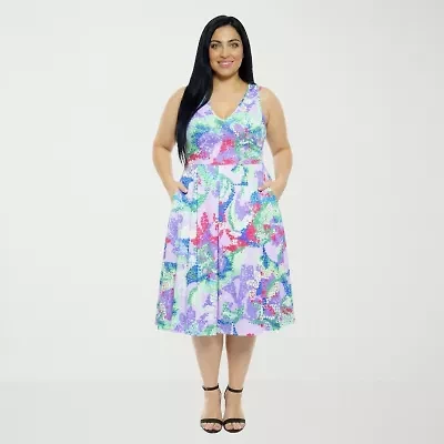 24seven Comfort Apparel Womens Plus Midi V Neck Sleeveless Abstract Fit + Flare Dress