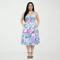 24seven Comfort Apparel Womens Plus Midi V Neck Sleeveless Abstract Fit + Flare Dress