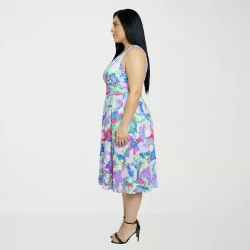 24seven Comfort Apparel Womens Plus Midi V Neck Sleeveless Abstract Fit + Flare Dress
