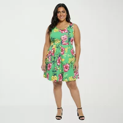 24seven Comfort Apparel Pleated Pocket Womens Plus Sleeveless Floral Skater Dress
