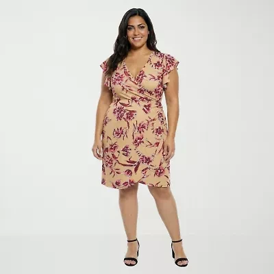 24seven Comfort Apparel Womens Plus Short Sleeve Floral Wrap Dress