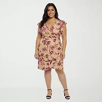 24seven Comfort Apparel Womens Plus Short Sleeve Floral Wrap Dress