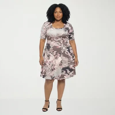 24seven Comfort Apparel Womens Plus Scoop Neck Elbow Sleeve Paisley A-Line Dress