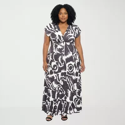 24seven Comfort Apparel Womens Plus V Neck Short Sleeve Maxi Dress