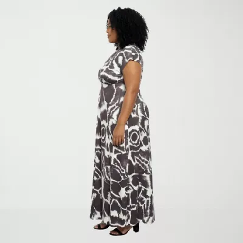24seven Comfort Apparel Womens Plus V Neck Short Sleeve Maxi Dress