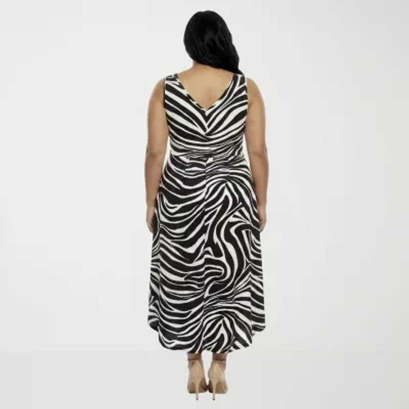 24seven Comfort Apparel High Low Womens Plus Midi V Neck Sleeveless Animal Fit + Flare Dress