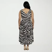 24seven Comfort Apparel High Low Womens Plus Midi V Neck Sleeveless Animal Fit + Flare Dress