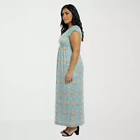 24seven Comfort Apparel Womens Plus Square Neck Short Sleeve Abstract A-Line Dress