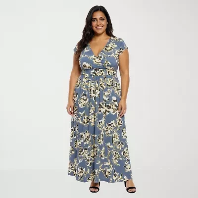 24seven Comfort Apparel Womens Plus V Neck Short Sleeve Maxi Dress