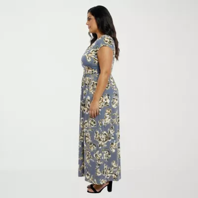 24seven Comfort Apparel Womens Plus V Neck Short Sleeve Maxi Dress