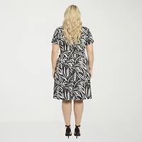 24seven Comfort Apparel Womens Plus Midi V Neck Short Sleeve Abstract A-Line Dress