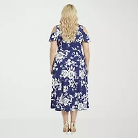 24seven Comfort Apparel Womens Plus Midi Crew Neck Short Sleeve Maxi Dress